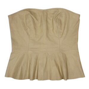 Beige Genuine Leather Peplum Corset Strapless Sweetheart Top